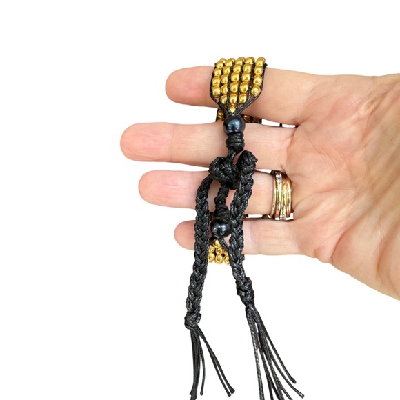 Handcrafted gold tone seed bead tie on loom bracelet cuff - festival - unisex - Picture 10 of 13